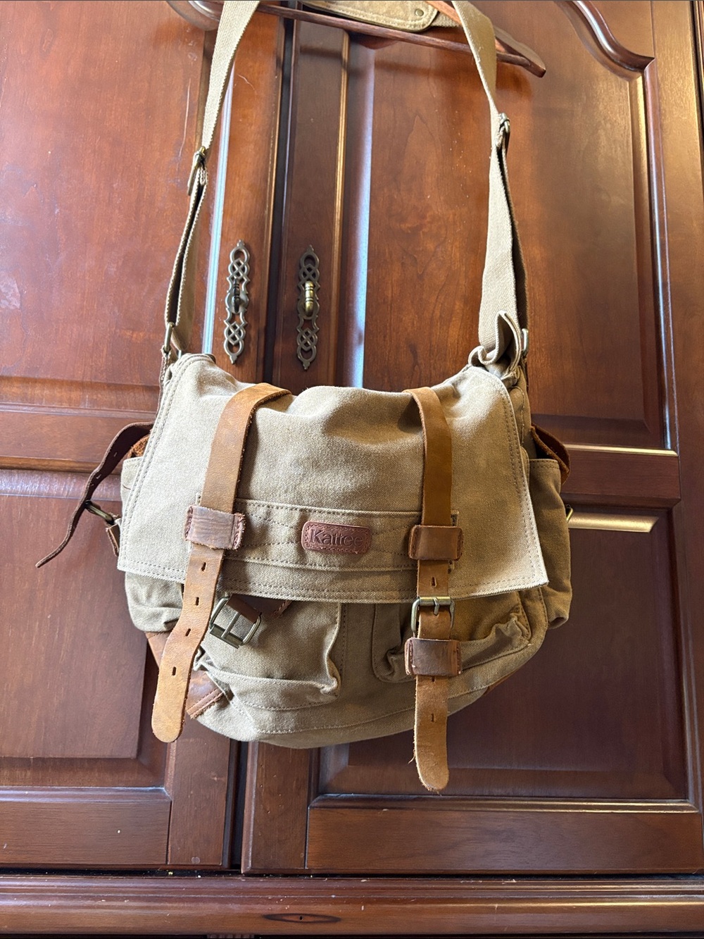 Kattee genuine leather heavy duty canvas messanger bag khaki